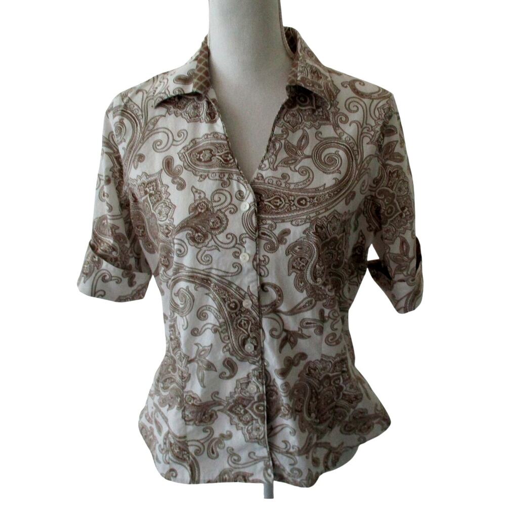 Coldwater Creek Women's Petite Short Sleeve White & Brown Paisley Blouse Size PM